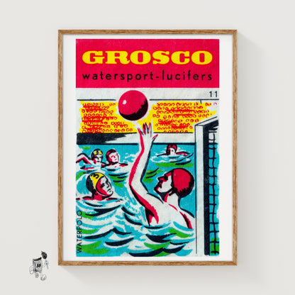 Water Polo Players - vintage matchbox label print