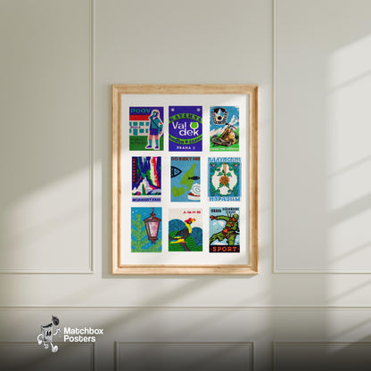 Blue and Greens Grid Print - vintage matchbox label print - living room mockup