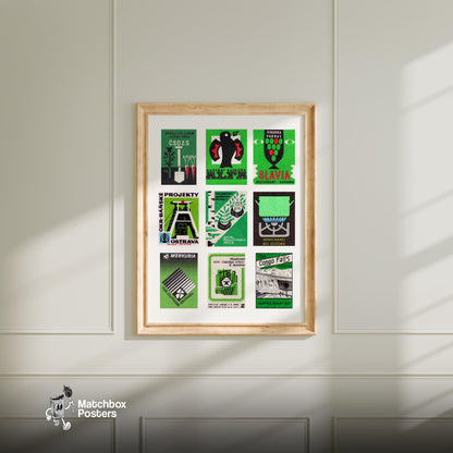 Green and Blacks Grid Print - vintage matchbox label print - living room mockup
