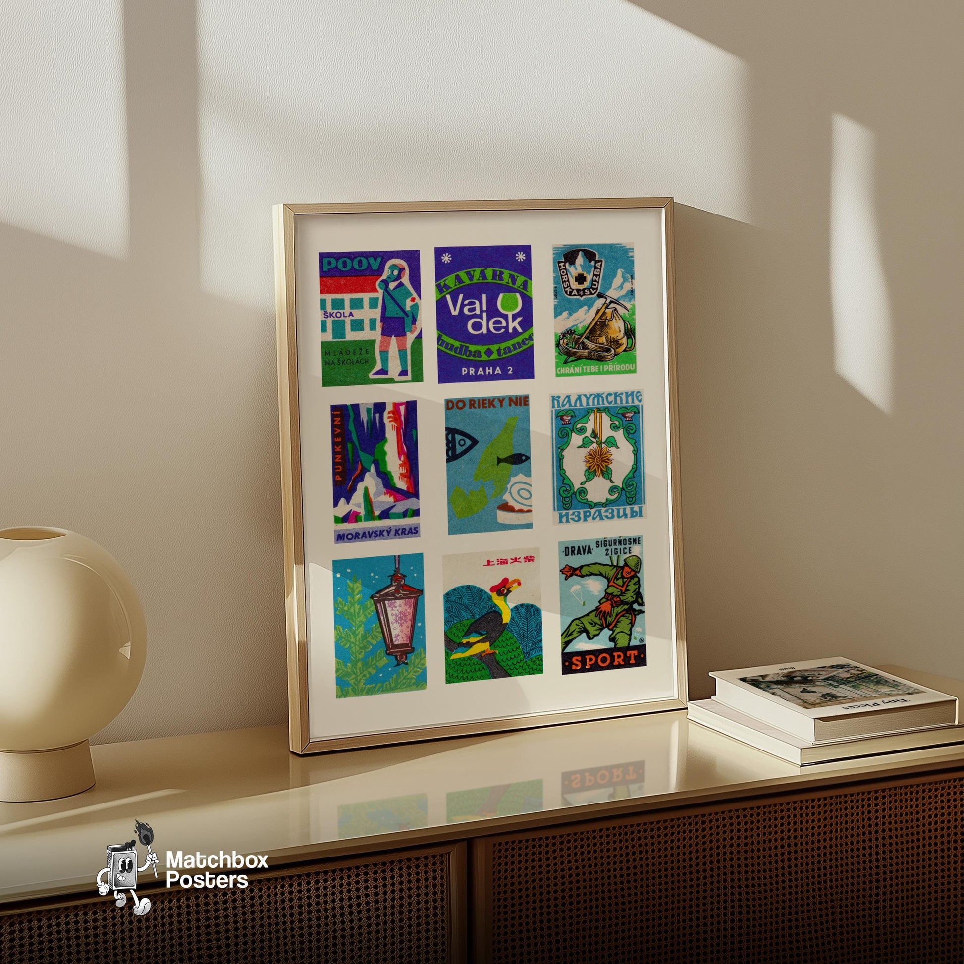 Blue and Greens Grid Print - vintage matchbox label print - bedroom mockup
