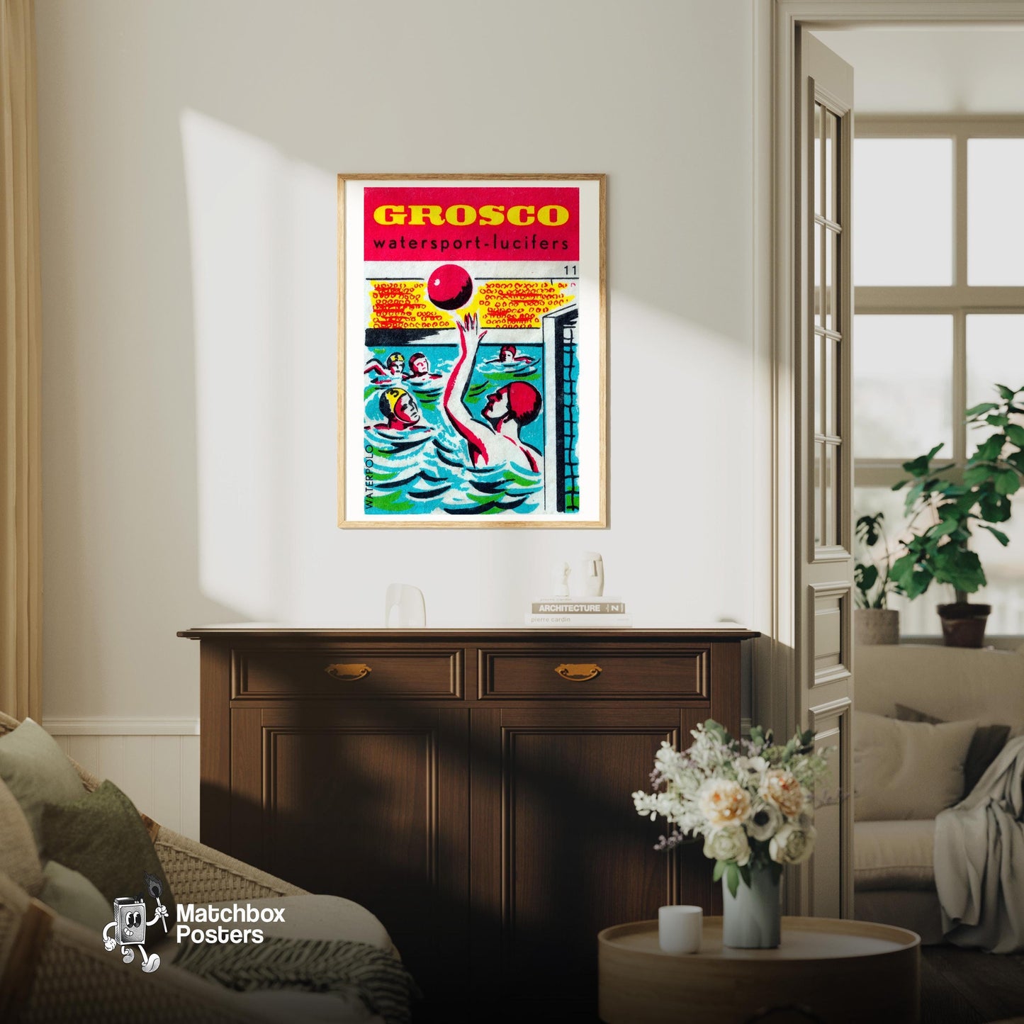 Water Polo Players - vintage matchbox label print - living room mockup