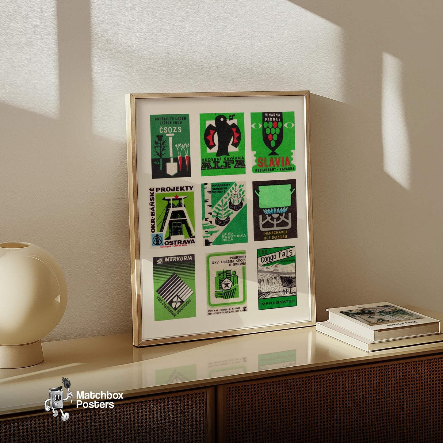 Green and Blacks Grid Print - vintage matchbox label print - bedroom mockup