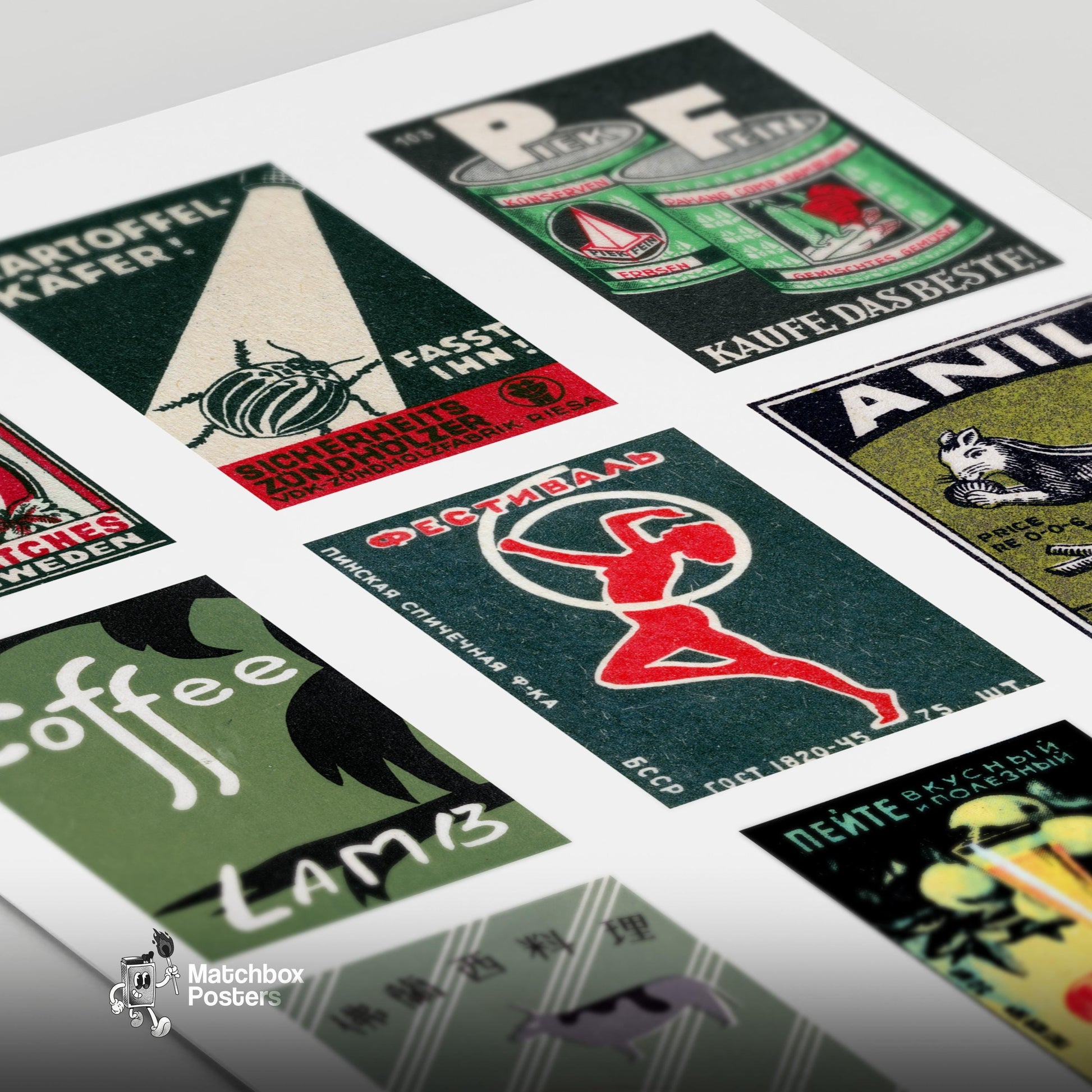 Dark Greens Grid Print - vintage matchbox label print - close-up detail