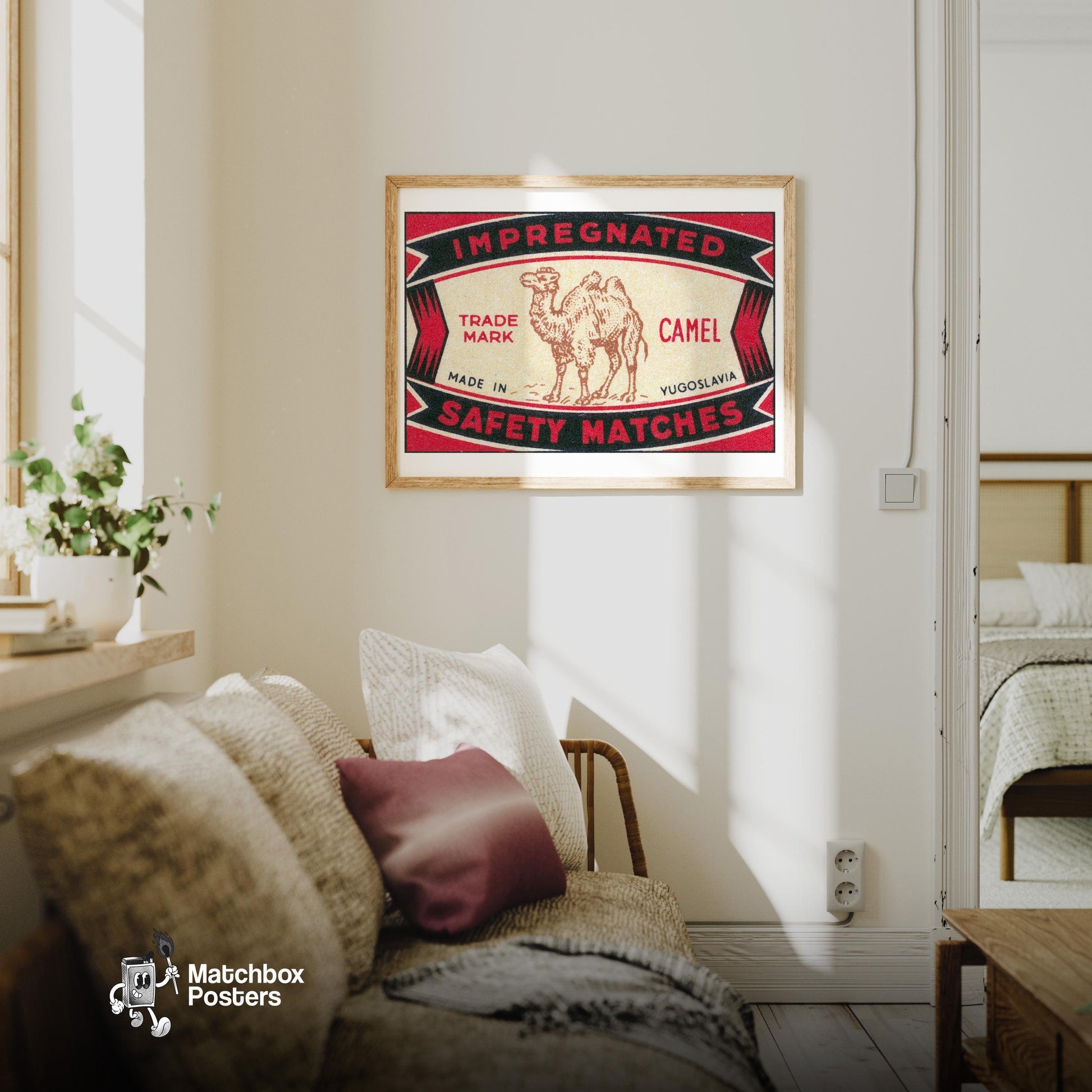 Arabian Camel - vintage matchbox label print - living room mockup