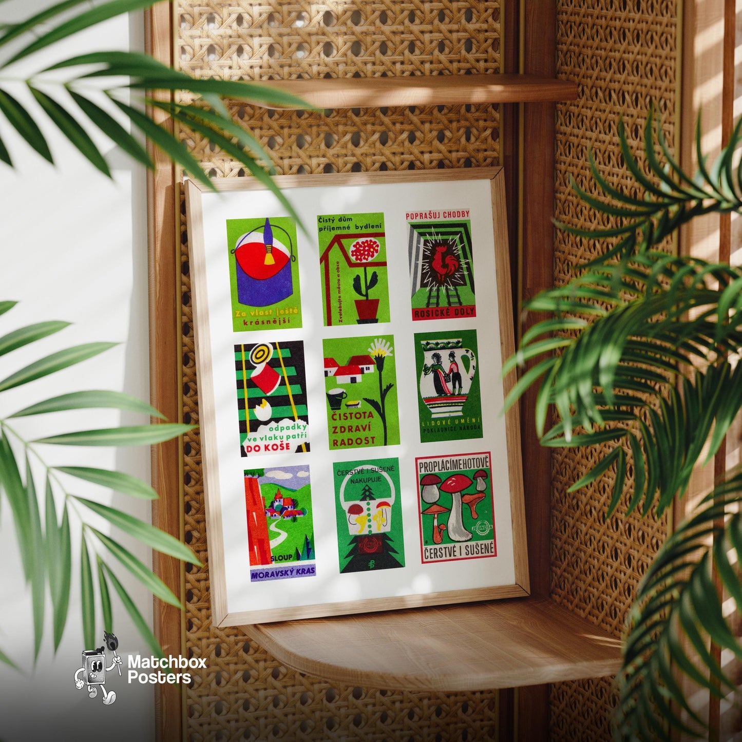 Green and Reds Grid Print - vintage matchbox label print - size comparison
