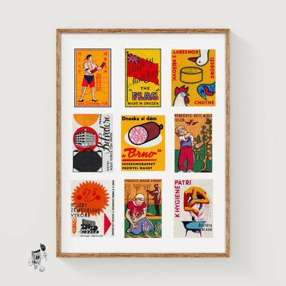 Orange and Reds Grid Print - vintage matchbox label print