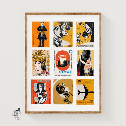 Orange and Blacks Grid Print - vintage matchbox label print