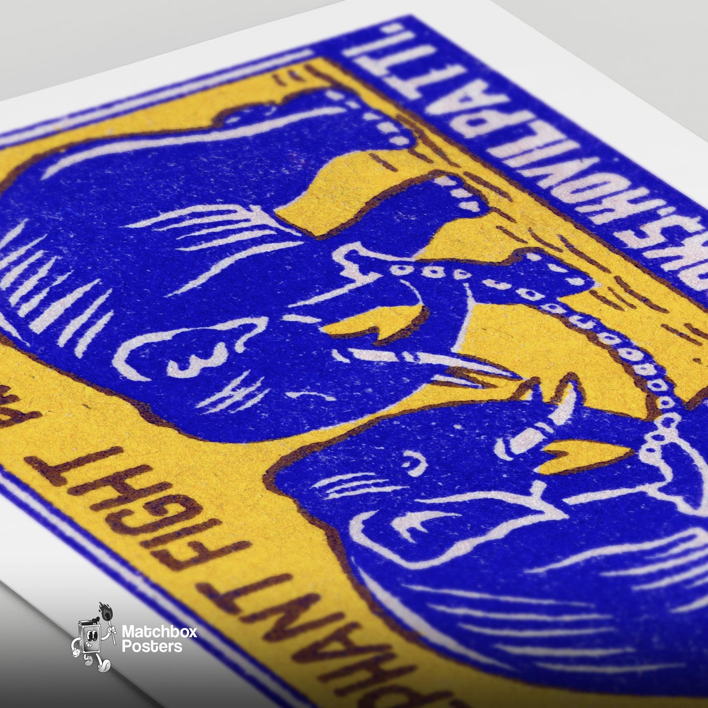 Fighting Elephants - vintage matchbox label print - close-up detail