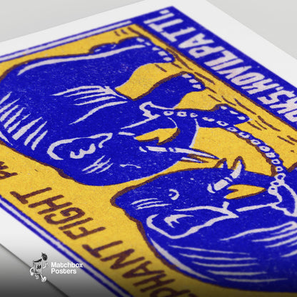Fighting Elephants - vintage matchbox label print - close-up detail