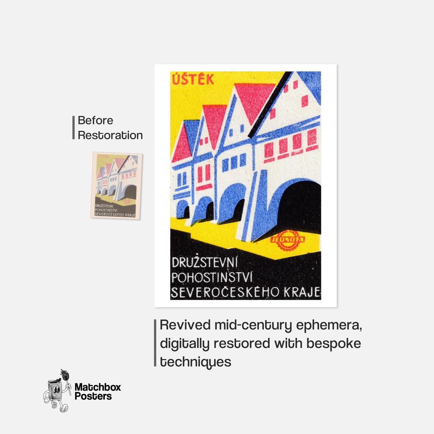Row Of Stylized Houses - vintage matchbox label print - framed wall art preview
