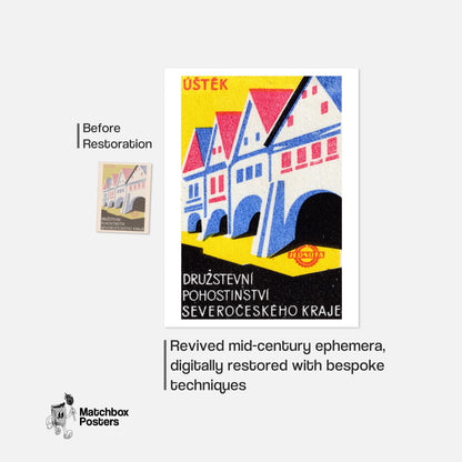 Row Of Stylized Houses - vintage matchbox label print - framed wall art preview