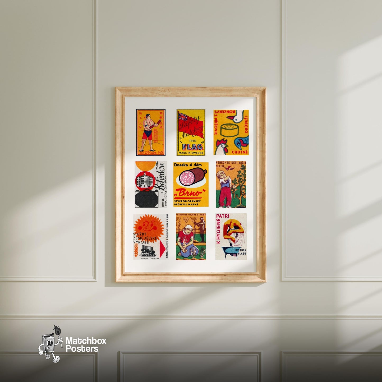 Orange and Reds Grid Print - vintage matchbox label print - living room mockup