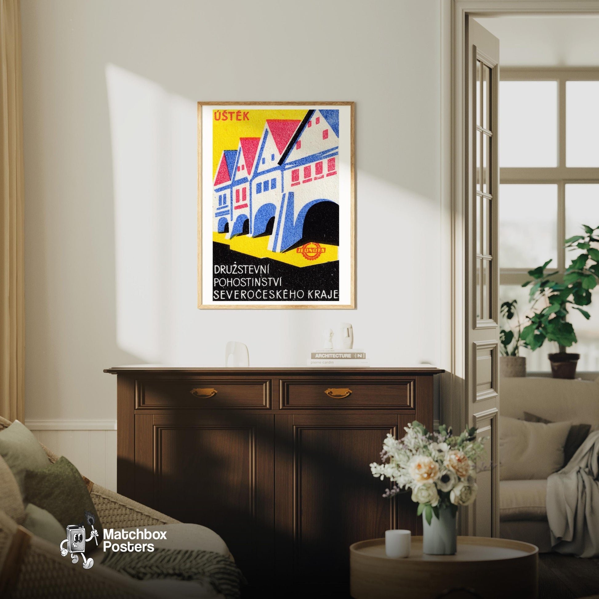 Row Of Stylized Houses - vintage matchbox label print - living room mockup