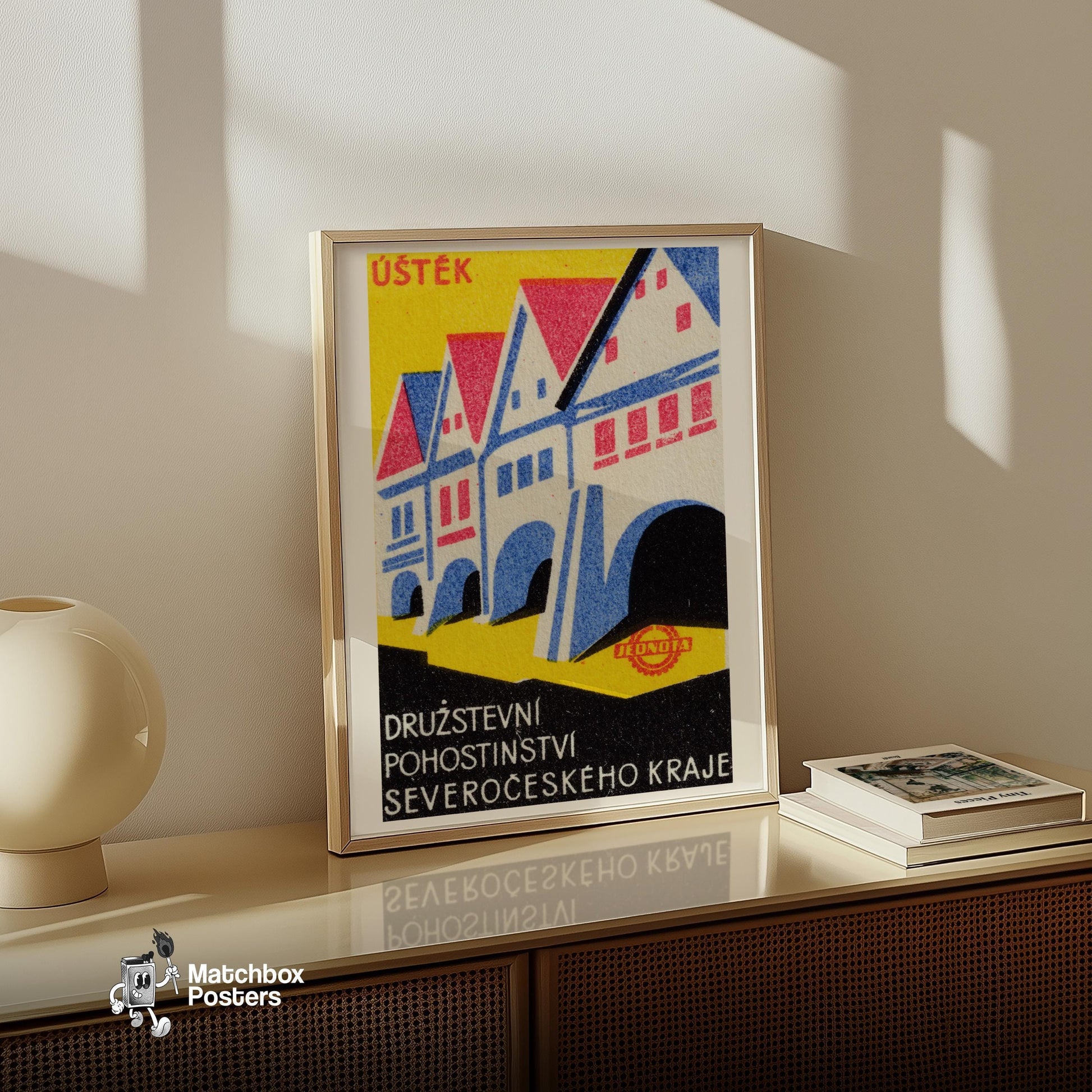 Row Of Stylized Houses - vintage matchbox label print - size comparison