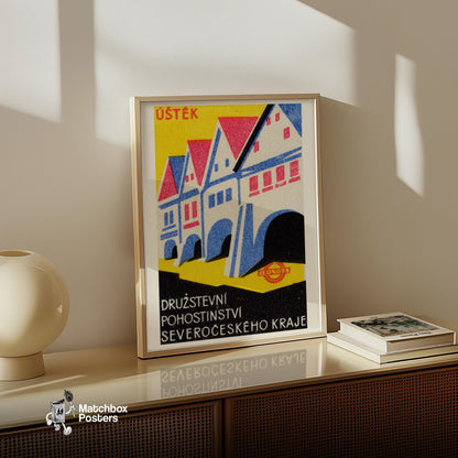 Row Of Stylized Houses - vintage matchbox label print - size comparison