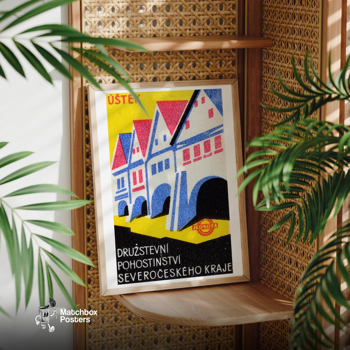 Row Of Stylized Houses - vintage matchbox label print - office wall