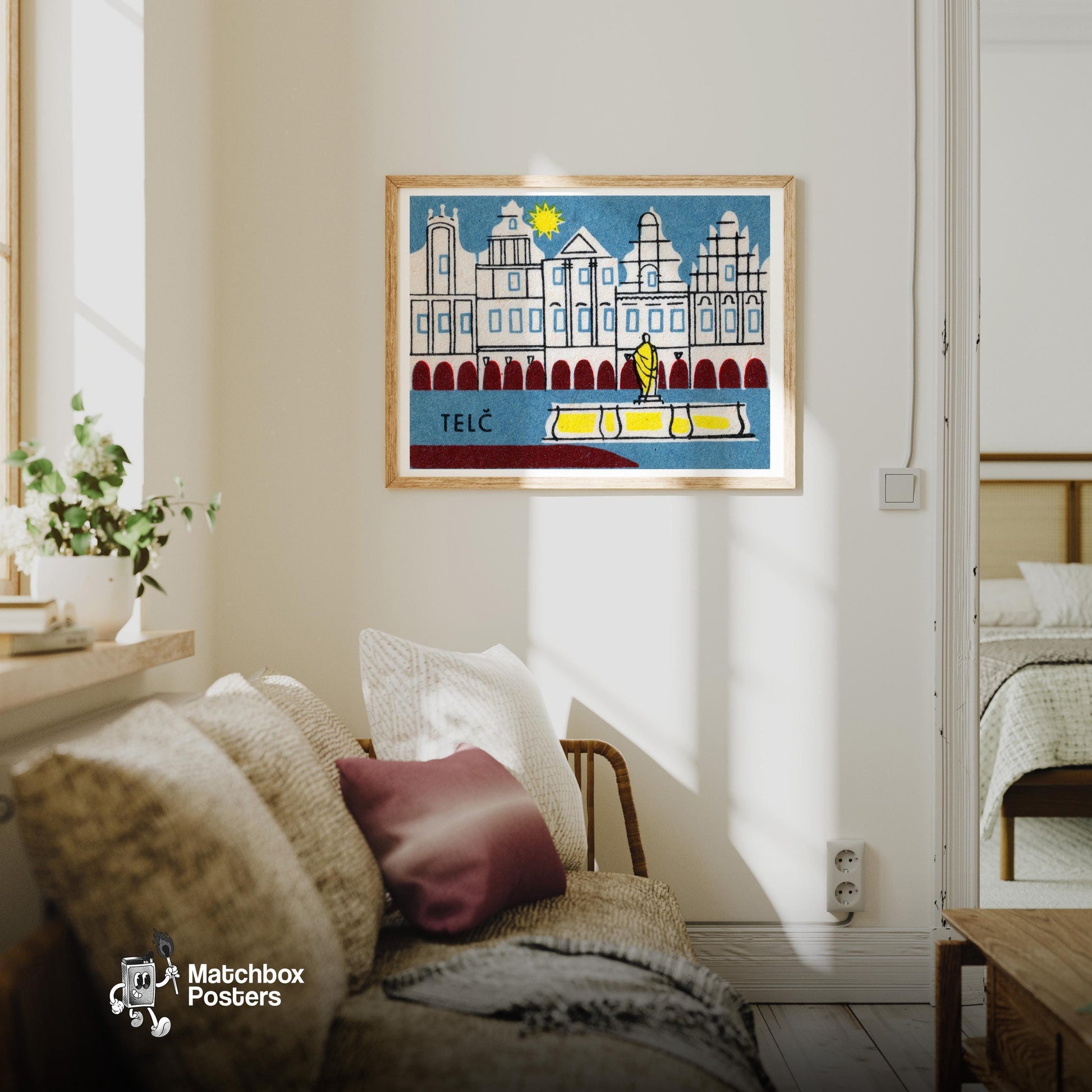 Telč Historic Buildings - vintage matchbox label print - living room mockup