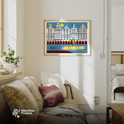 Telč Historic Buildings - vintage matchbox label print - living room mockup