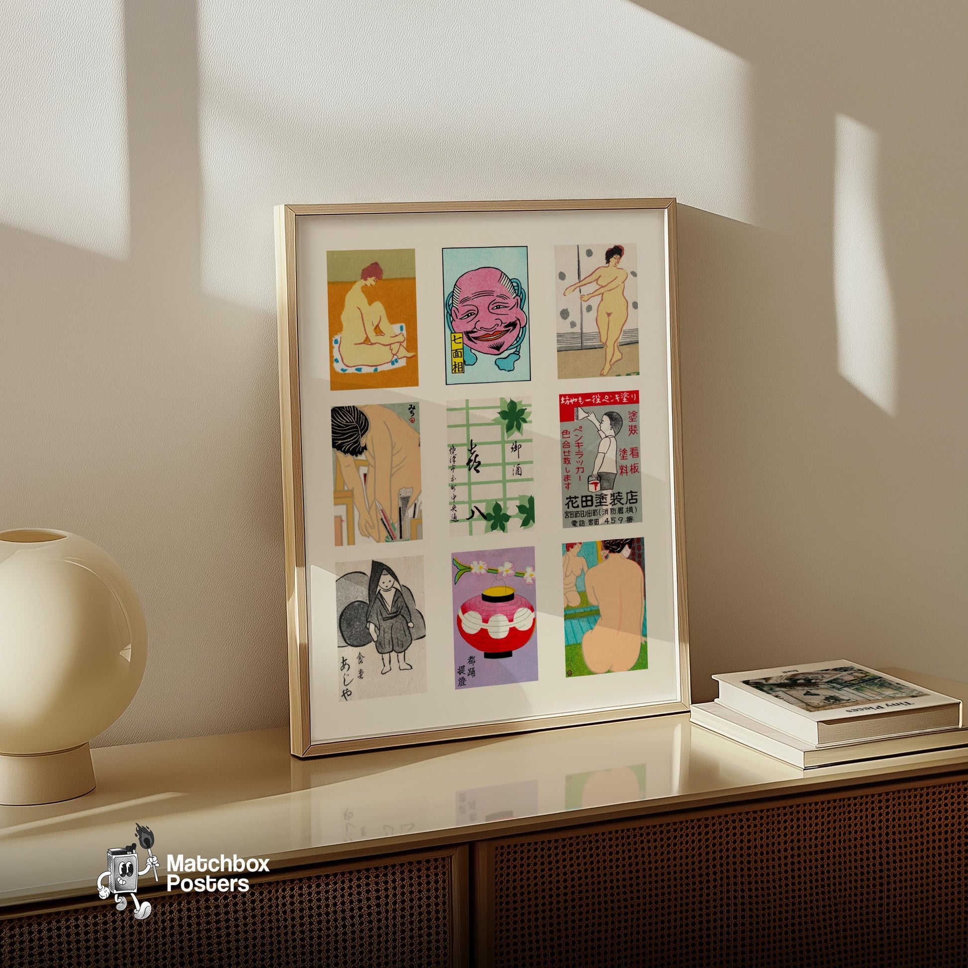 Japanese Collage - vintage matchbox label print - bedroom mockup
