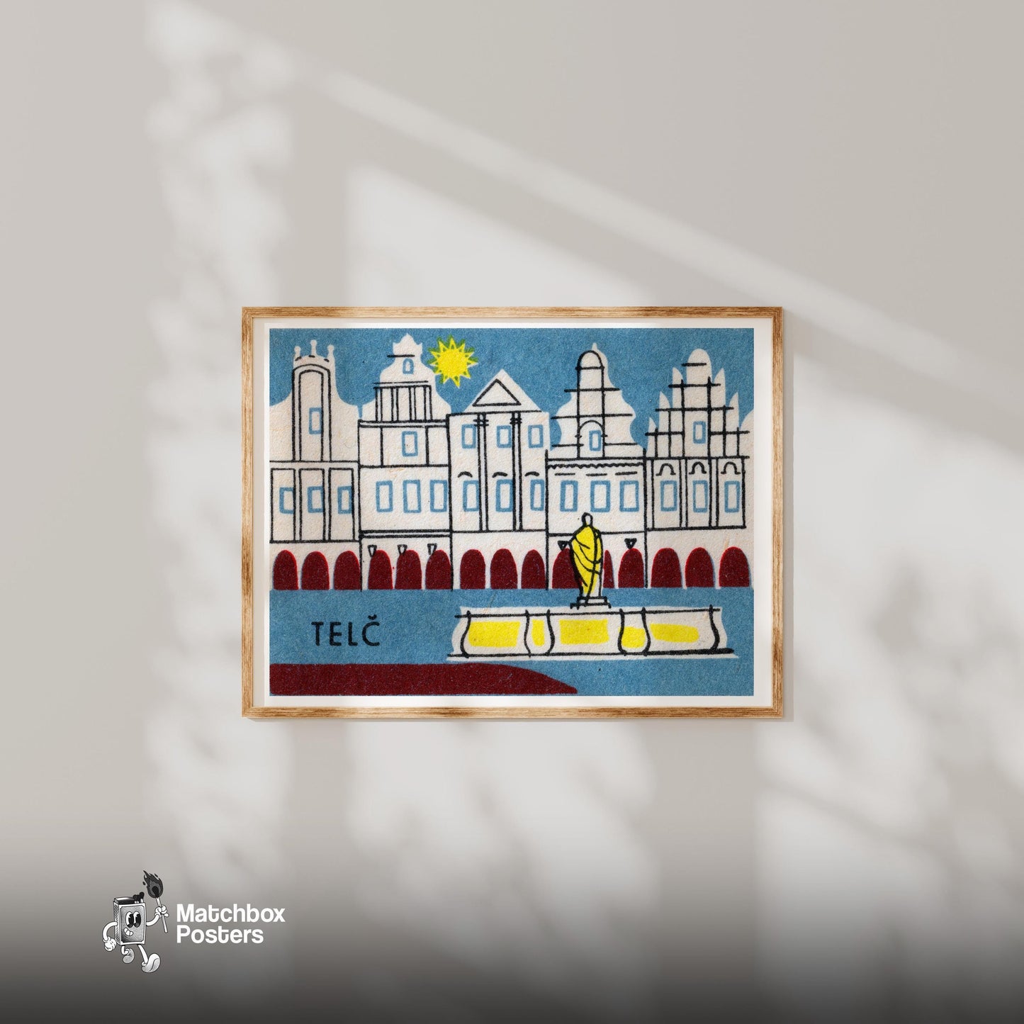 Telč Historic Buildings - vintage matchbox label print - bedroom mockup