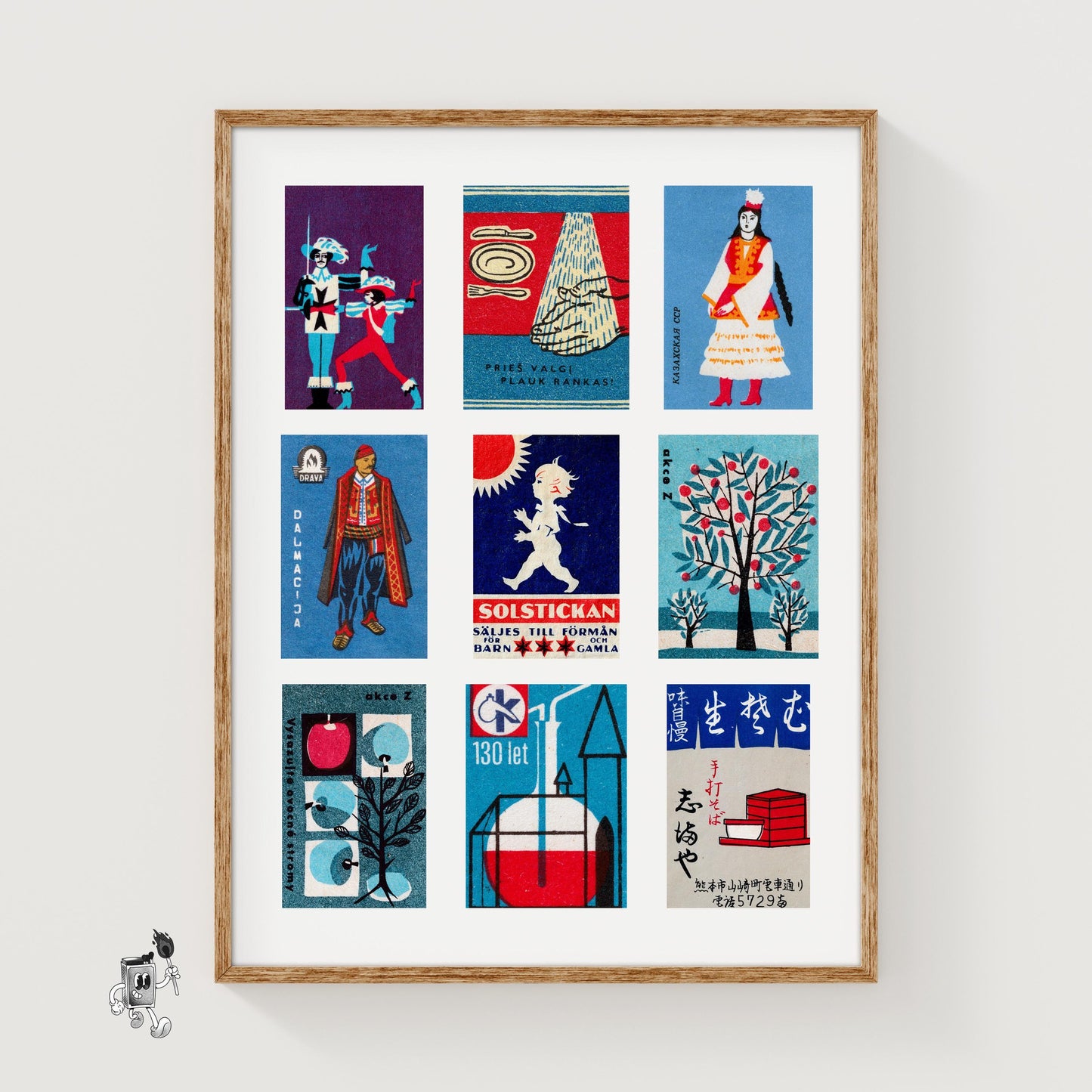 Blue and Reds Grid Print - vintage matchbox label print