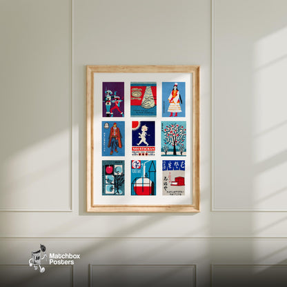 Blue and Reds Grid Print - vintage matchbox label print - living room mockup