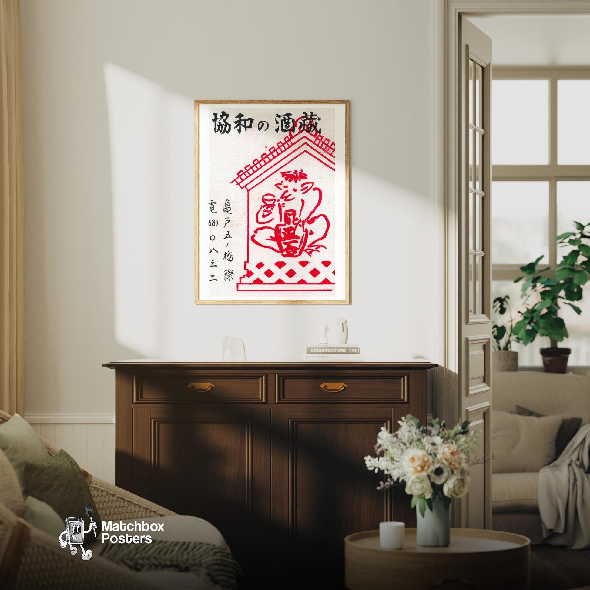 Stylized Red Figure Holding A - vintage matchbox label print - living room mockup