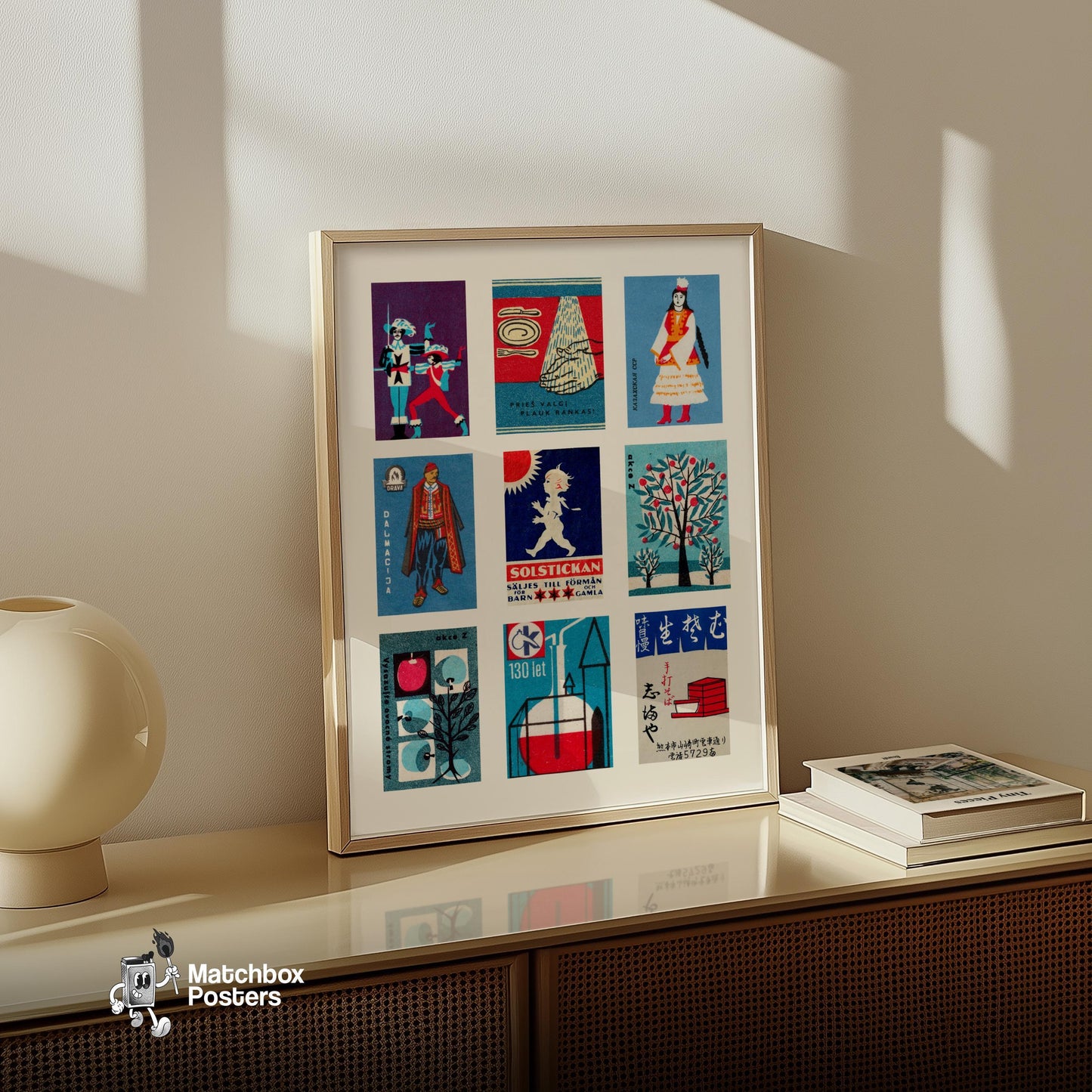 Blue and Reds Grid Print - vintage matchbox label print - bedroom mockup