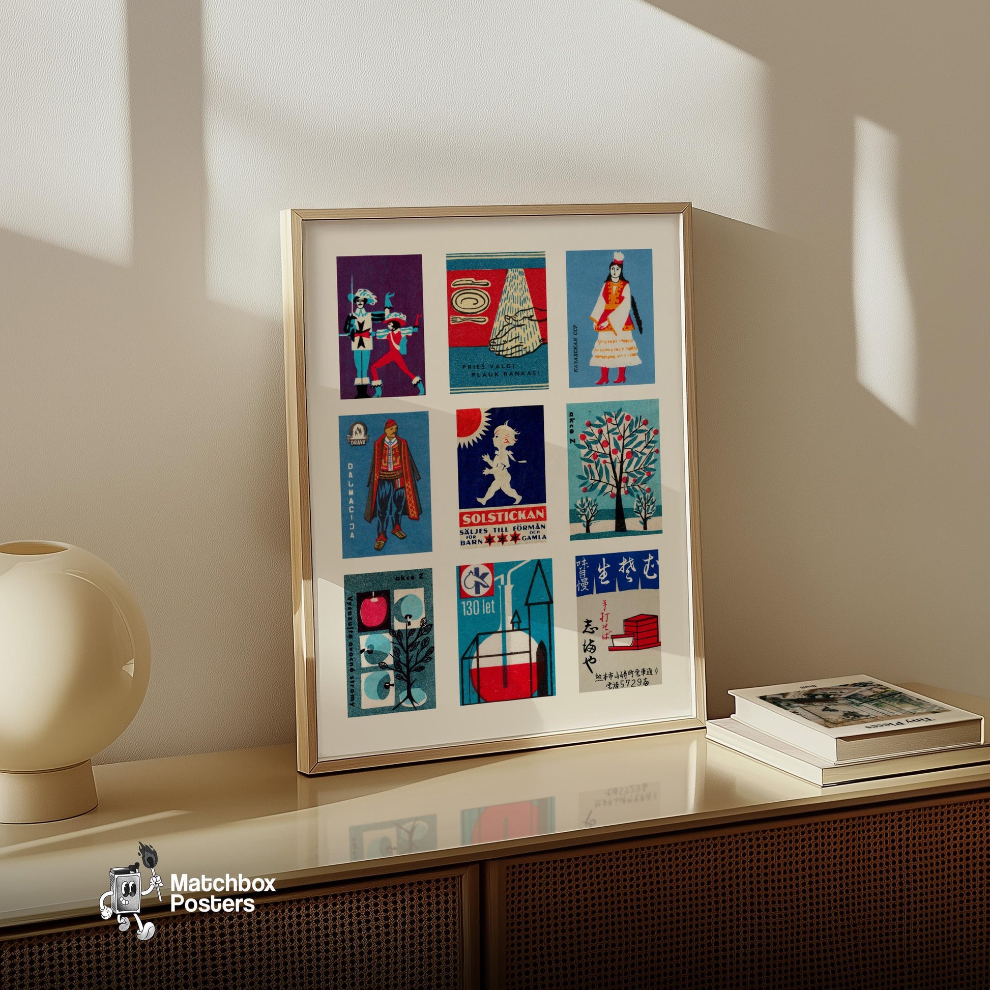 Blue and Reds Grid Print - vintage matchbox label print - bedroom mockup