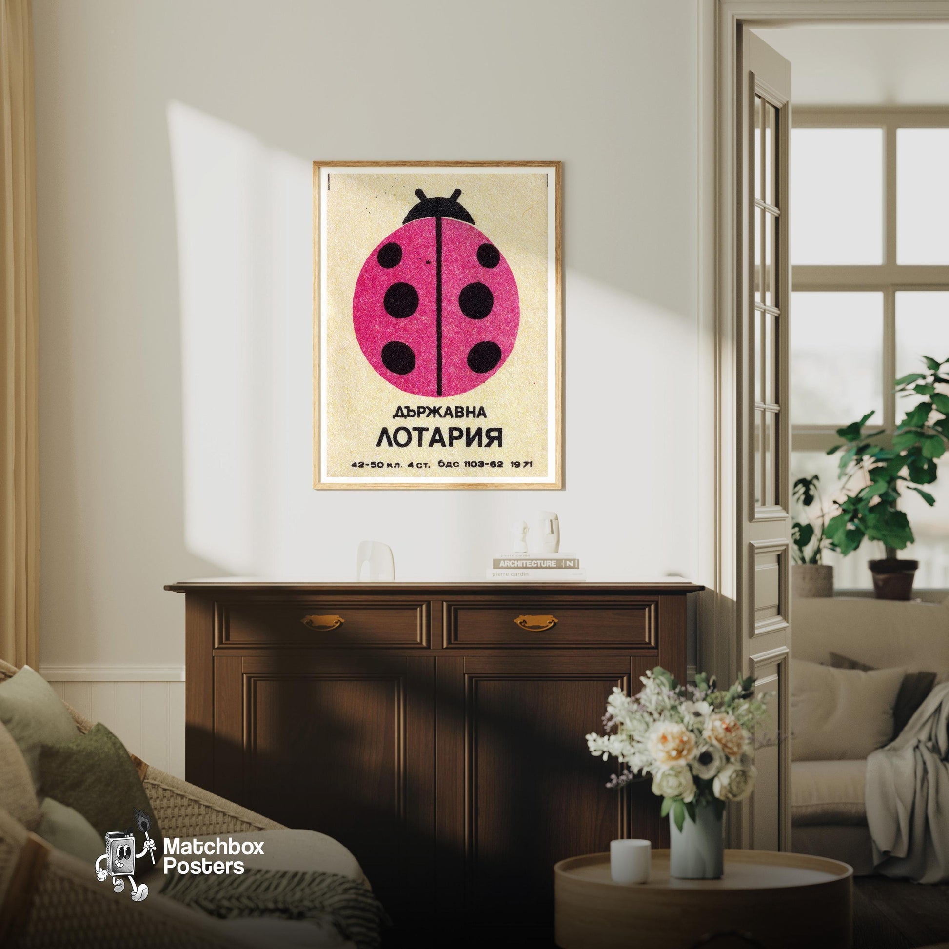 Ladybug - vintage matchbox label print - living room mockup