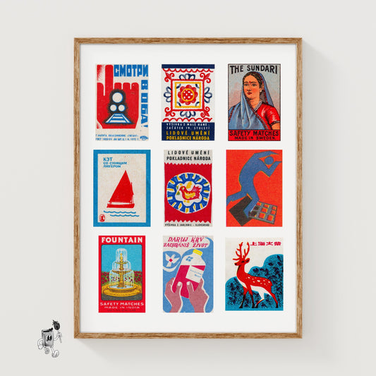 Red and Blues Grid Print - vintage matchbox label print