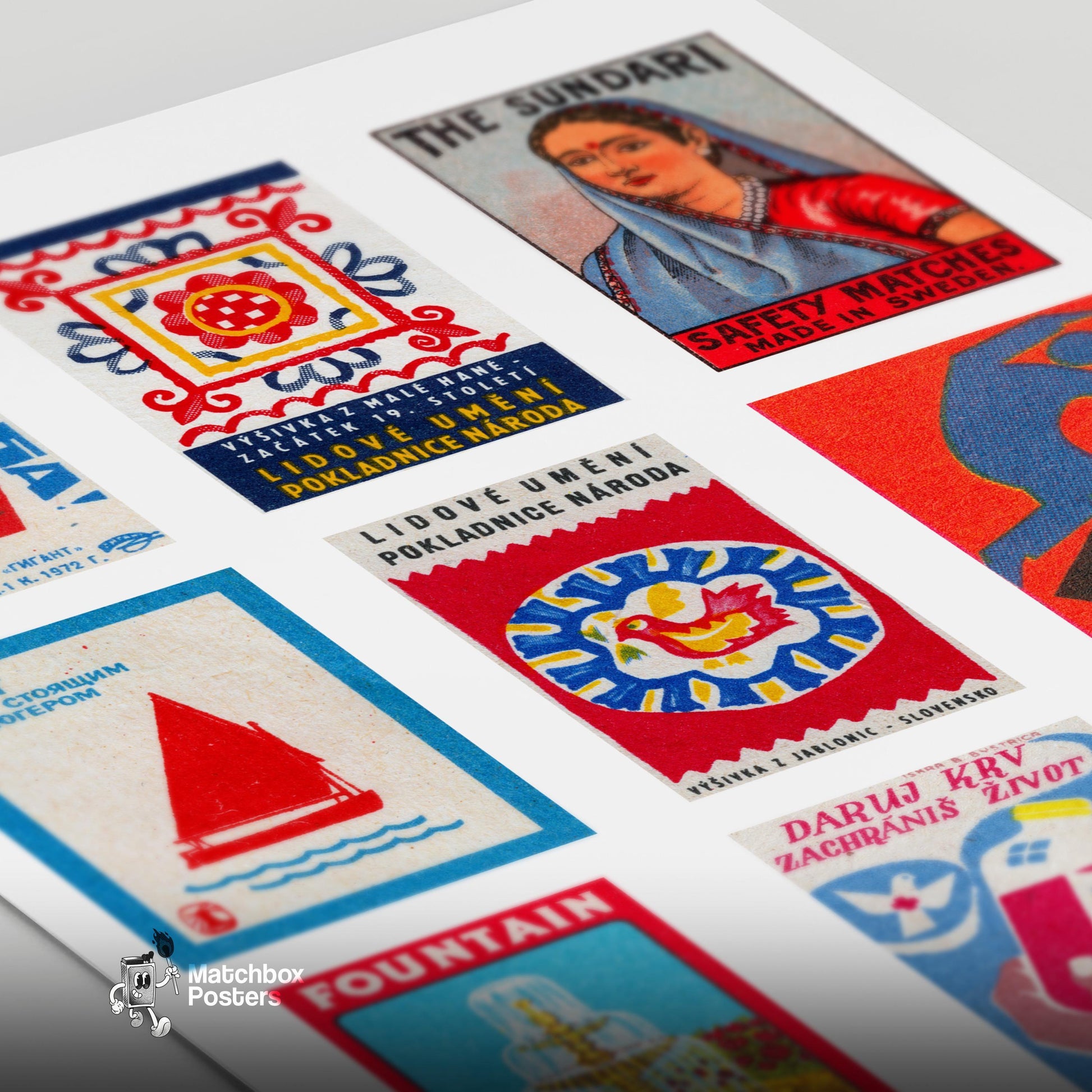 Red and Blues Grid Print - vintage matchbox label print - close-up detail