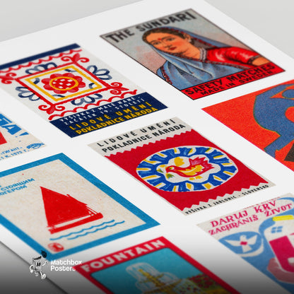 Red and Blues Grid Print - vintage matchbox label print - close-up detail