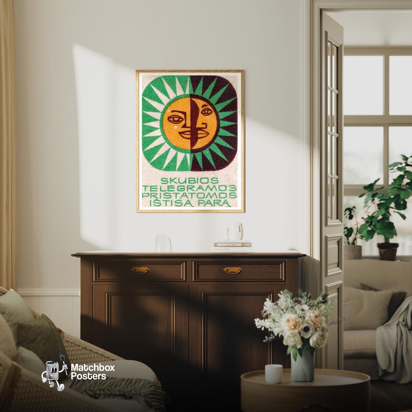 Sun and Moon - vintage matchbox label print - living room mockup