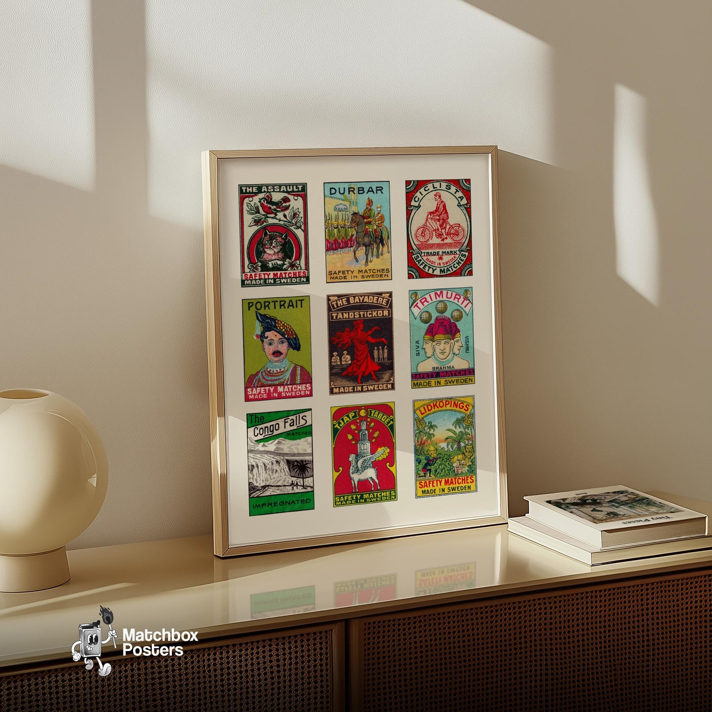 Swedishs Grid Print - vintage matchbox label print - bedroom mockup