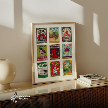 Swedishs Grid Print - vintage matchbox label print - bedroom mockup