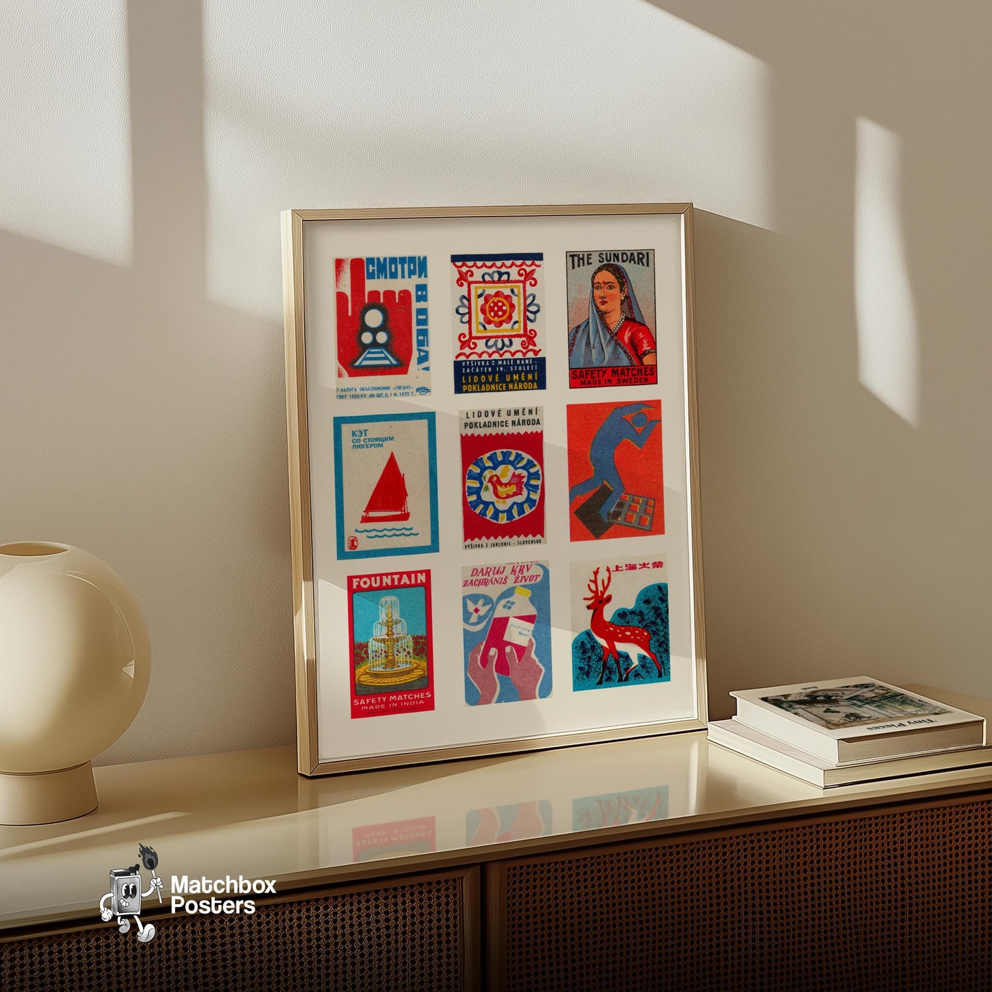 Red and Blues Grid Print - vintage matchbox label print - bedroom mockup