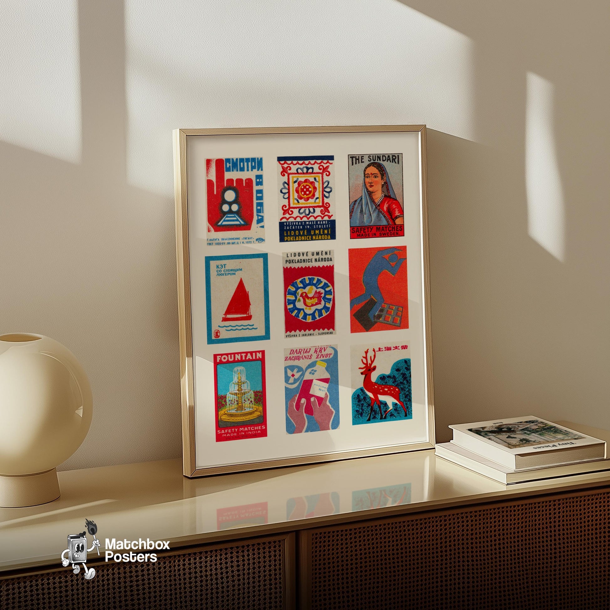 Red and Blues Grid Print - vintage matchbox label print - bedroom mockup