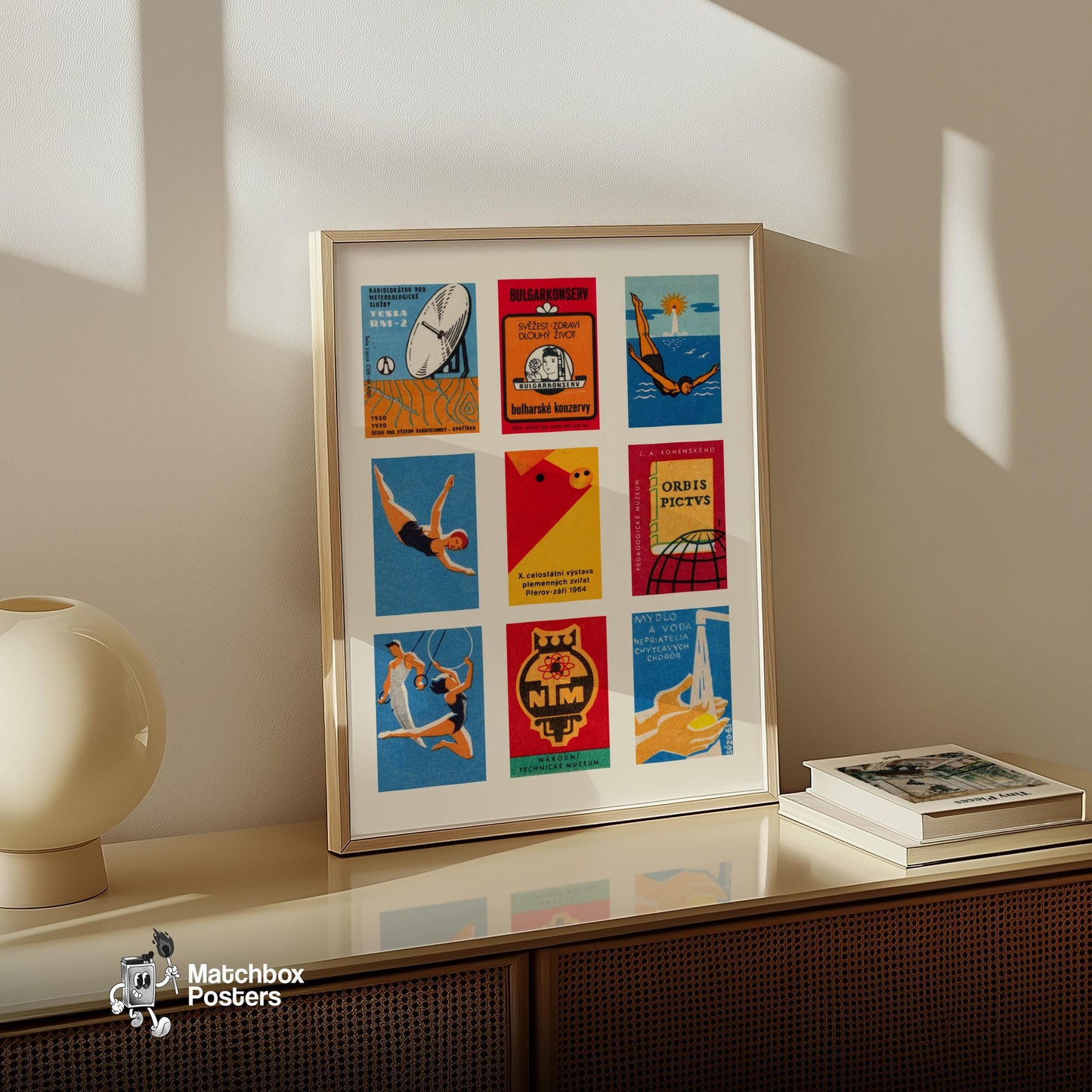 Oranges Grid Print - vintage matchbox label print - bedroom mockup