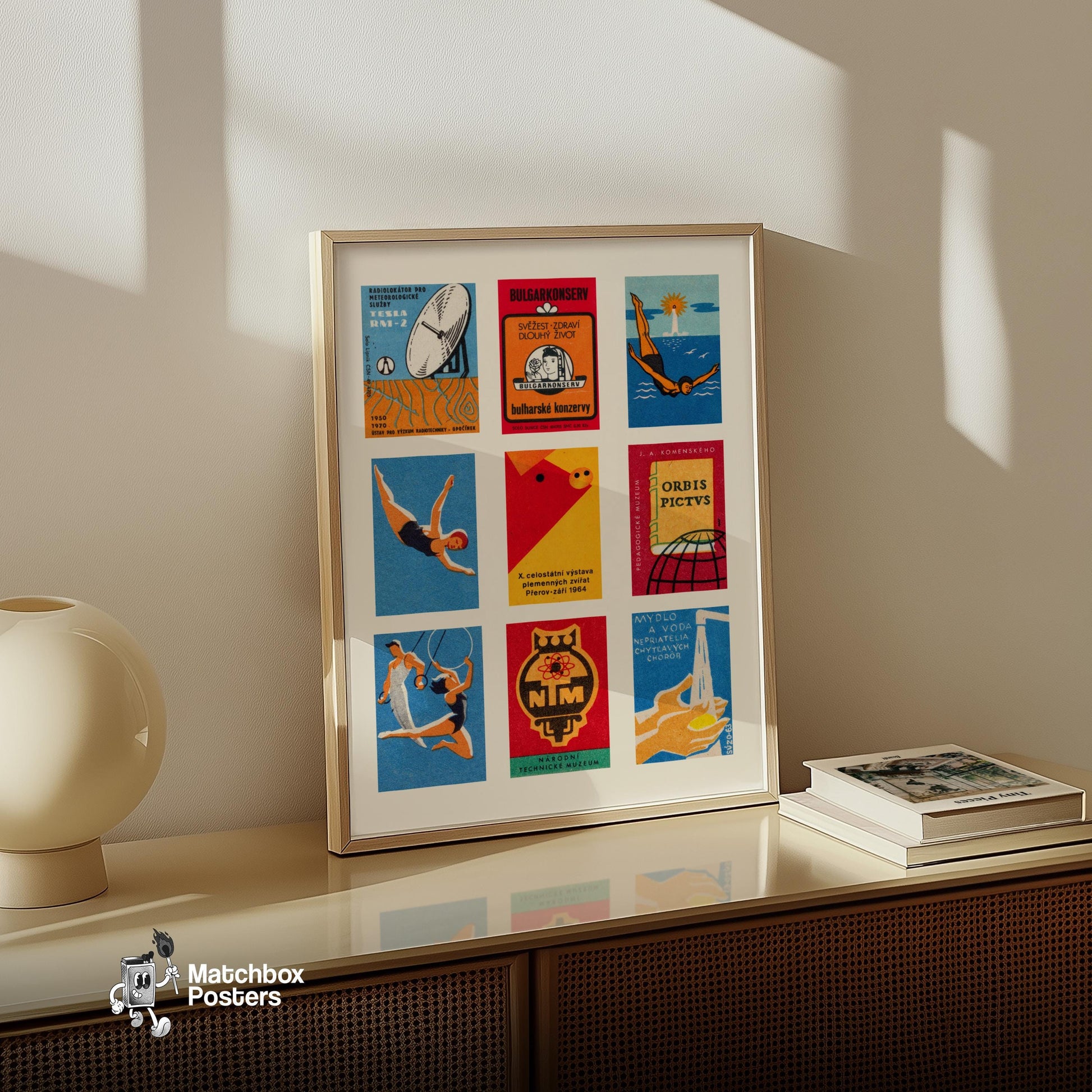 Oranges Grid Print - vintage matchbox label print - bedroom mockup