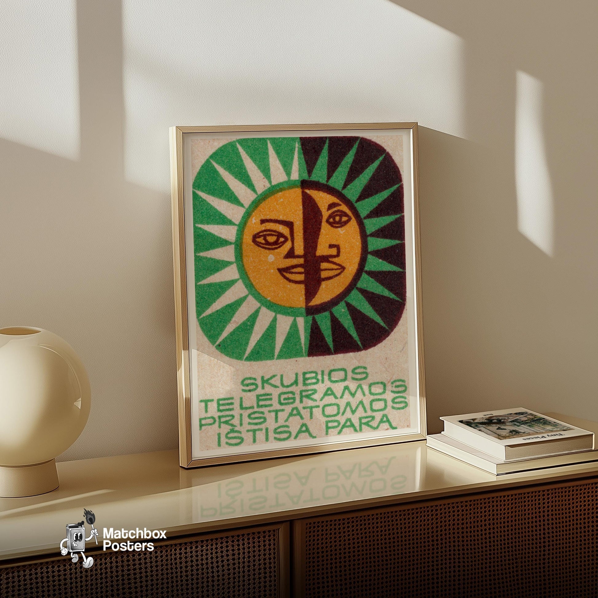 Sun and Moon - vintage matchbox label print - size comparison