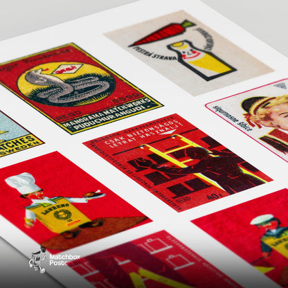 Red and Yellows Grid Print - vintage matchbox label print - close-up detail