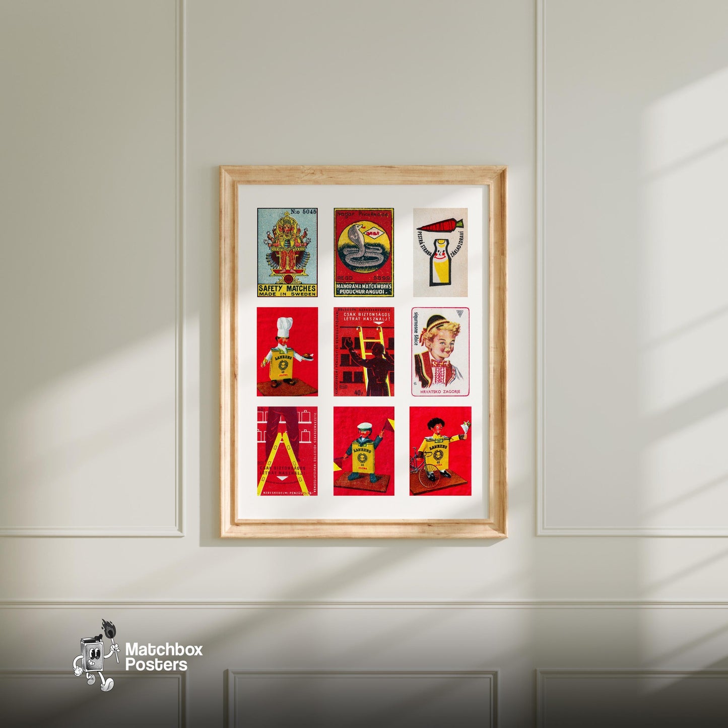 Red and Yellows Grid Print - vintage matchbox label print - living room mockup