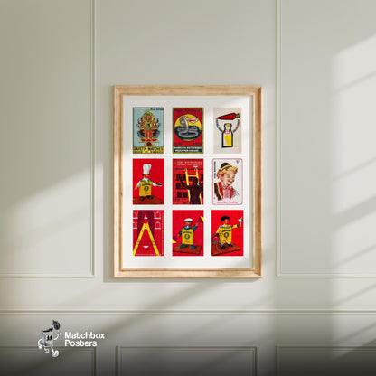 Red and Yellows Grid Print - vintage matchbox label print - living room mockup