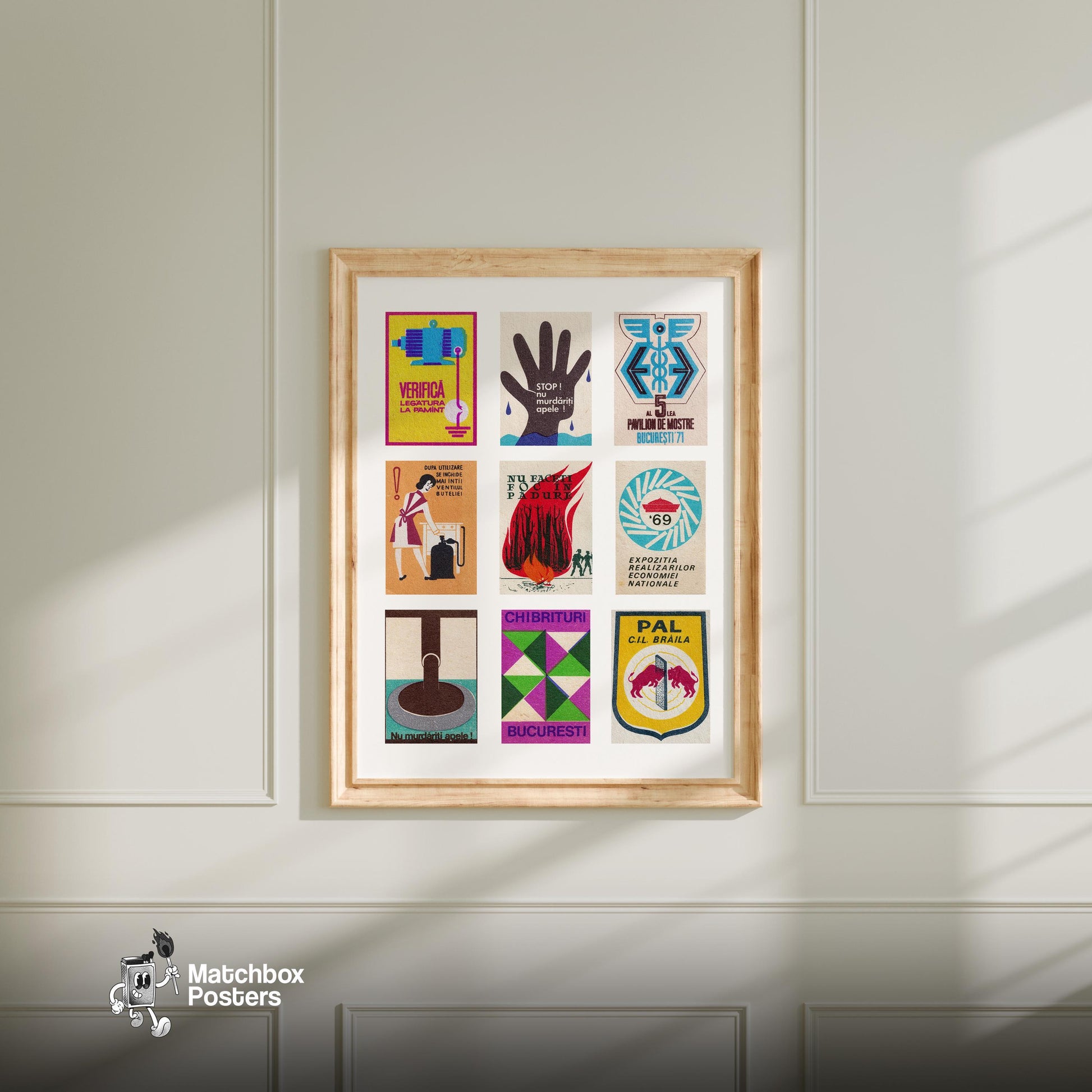 Romanians Grid Print - vintage matchbox label print - living room mockup