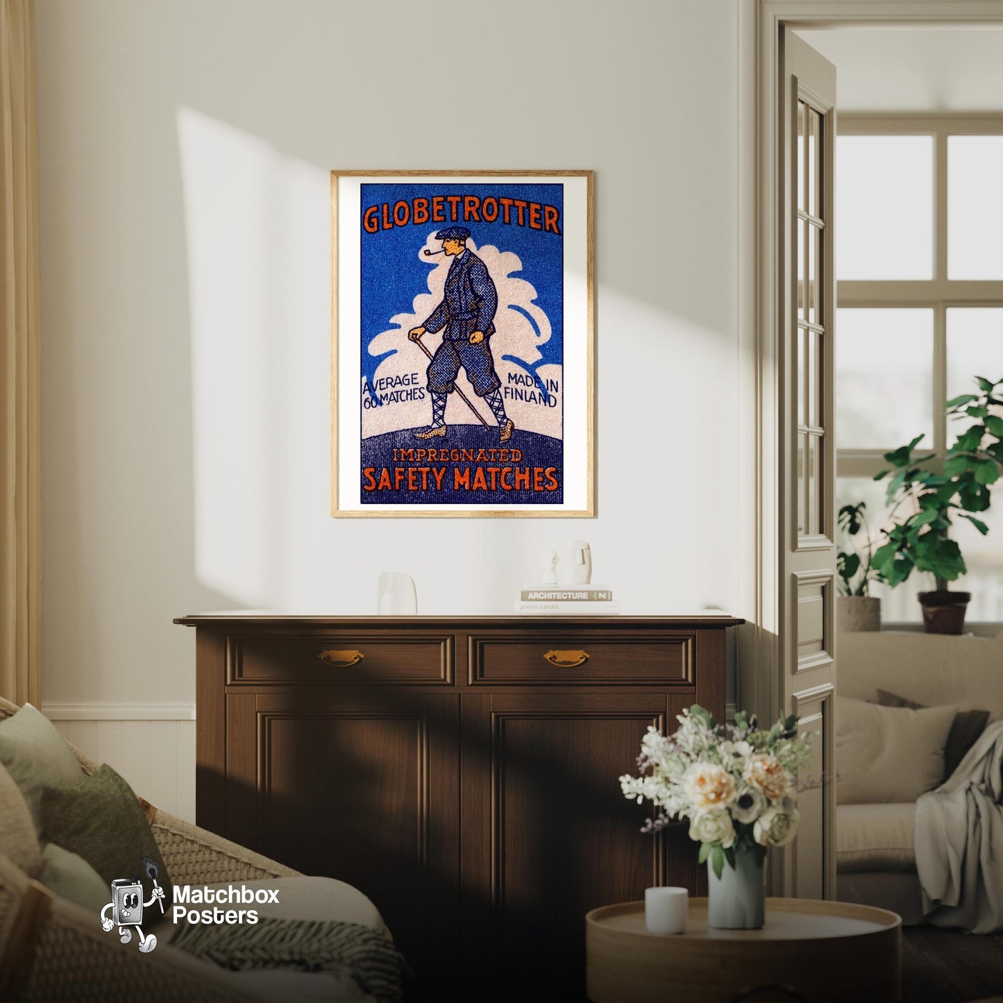 Man with Pipe - vintage matchbox label print - living room mockup