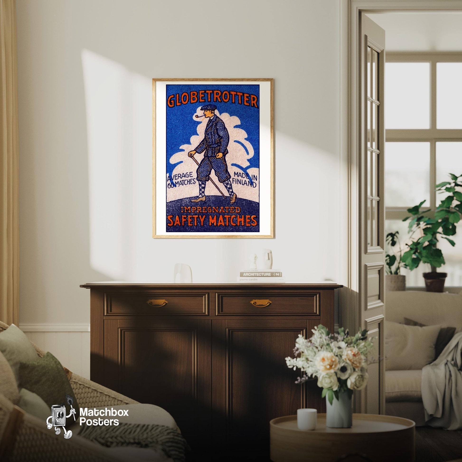 Man with Pipe - vintage matchbox label print - living room mockup