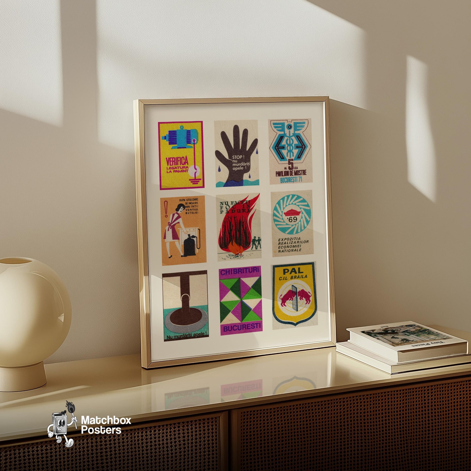 Romanians Grid Print - vintage matchbox label print - bedroom mockup