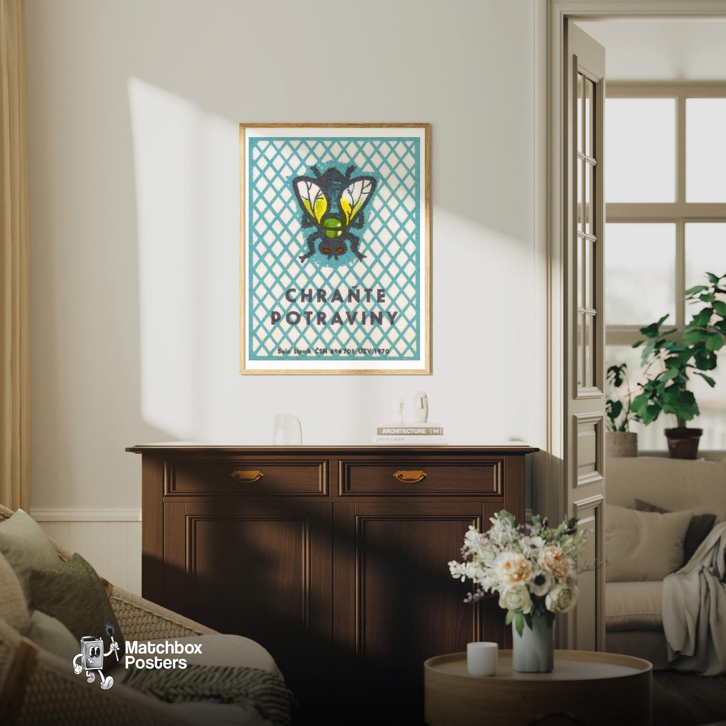 Fly - vintage matchbox label print - living room mockup