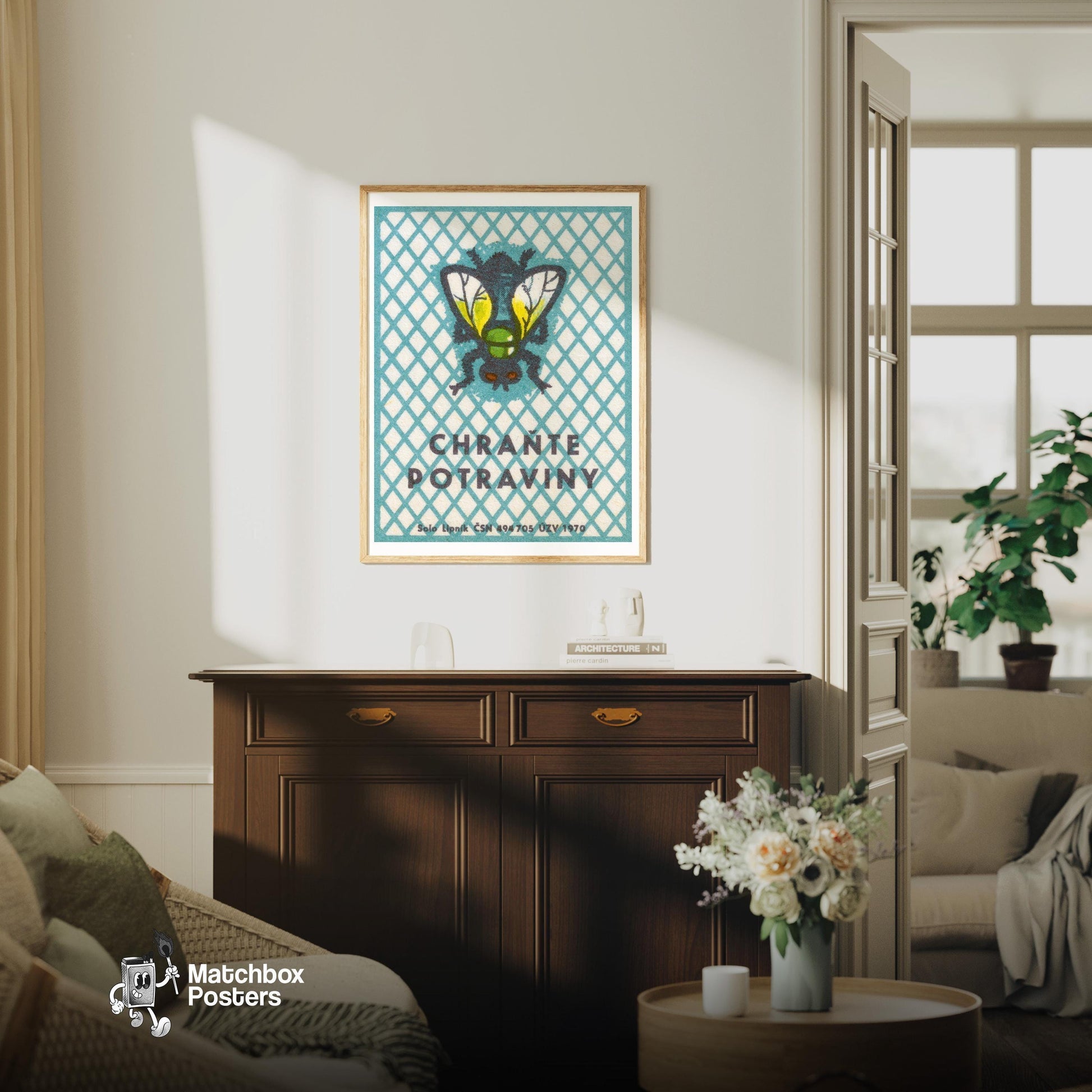 Fly - vintage matchbox label print - living room mockup